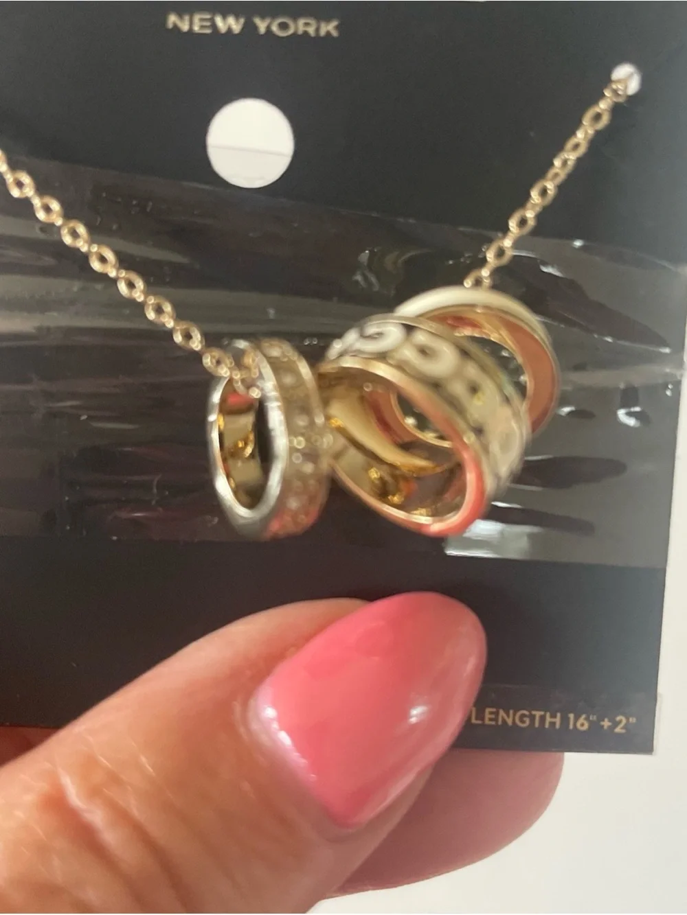 Coach Gold-Tone Necklace with White Enamel and Crystal-Accented Rings